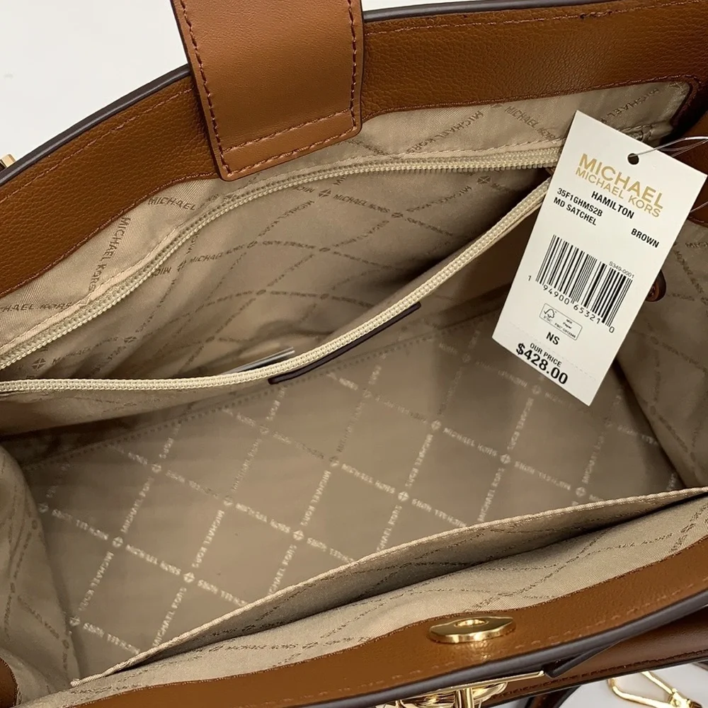 Michael Kors Hamilton Med Satchel Shoulder Crossbody Bag Luggage/Brown Signature